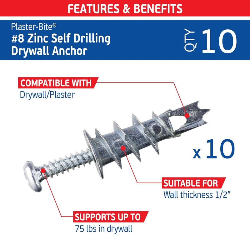 FixMaster Zinc Plaster Bite Self-Drilling Drywall Anchors w/Screws (10 Anchors & 10 Screws) – Heavy Duty Zinc Hollow Wall Anchor Kit for 3/8", 1/2", 5/8" Drywall – 75 lbs Holding Strength - Image 2